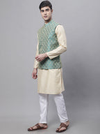 Jompers Men's Beige Embroidered Kurta Pyjama With Green Woven Design Nehru Jacket | Grocsy