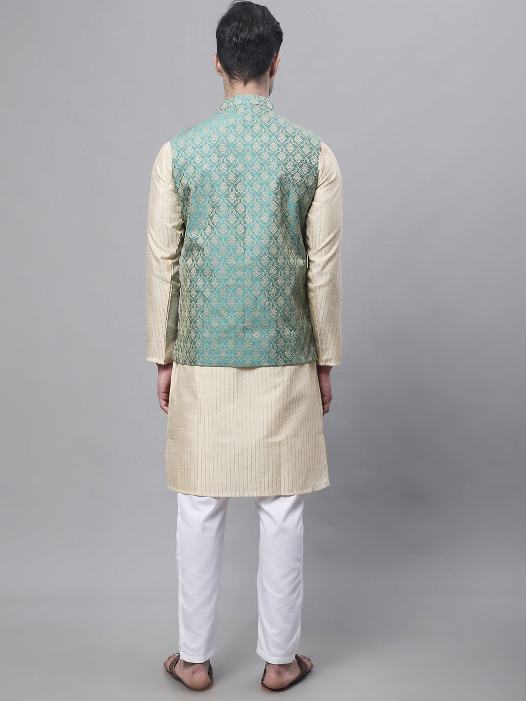 Jompers Men's Beige Embroidered Kurta Pyjama With Green Woven Design Nehru Jacket | Grocsy