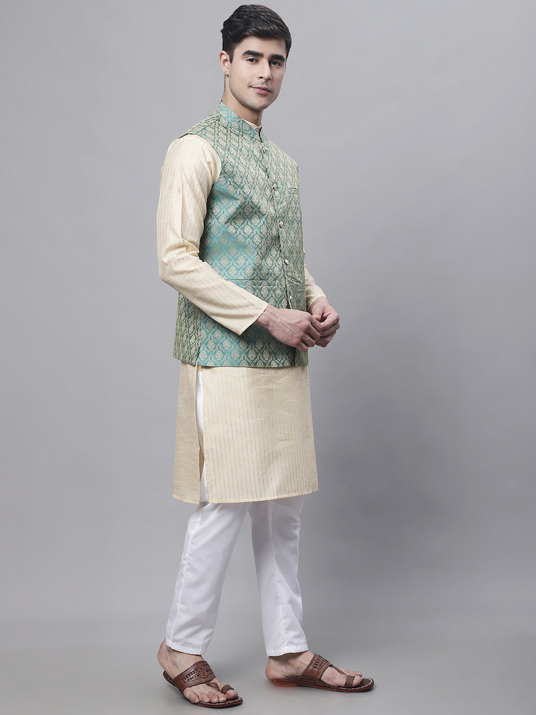 Jompers Men's Beige Embroidered Kurta Pyjama With Green Woven Design Nehru Jacket | Grocsy