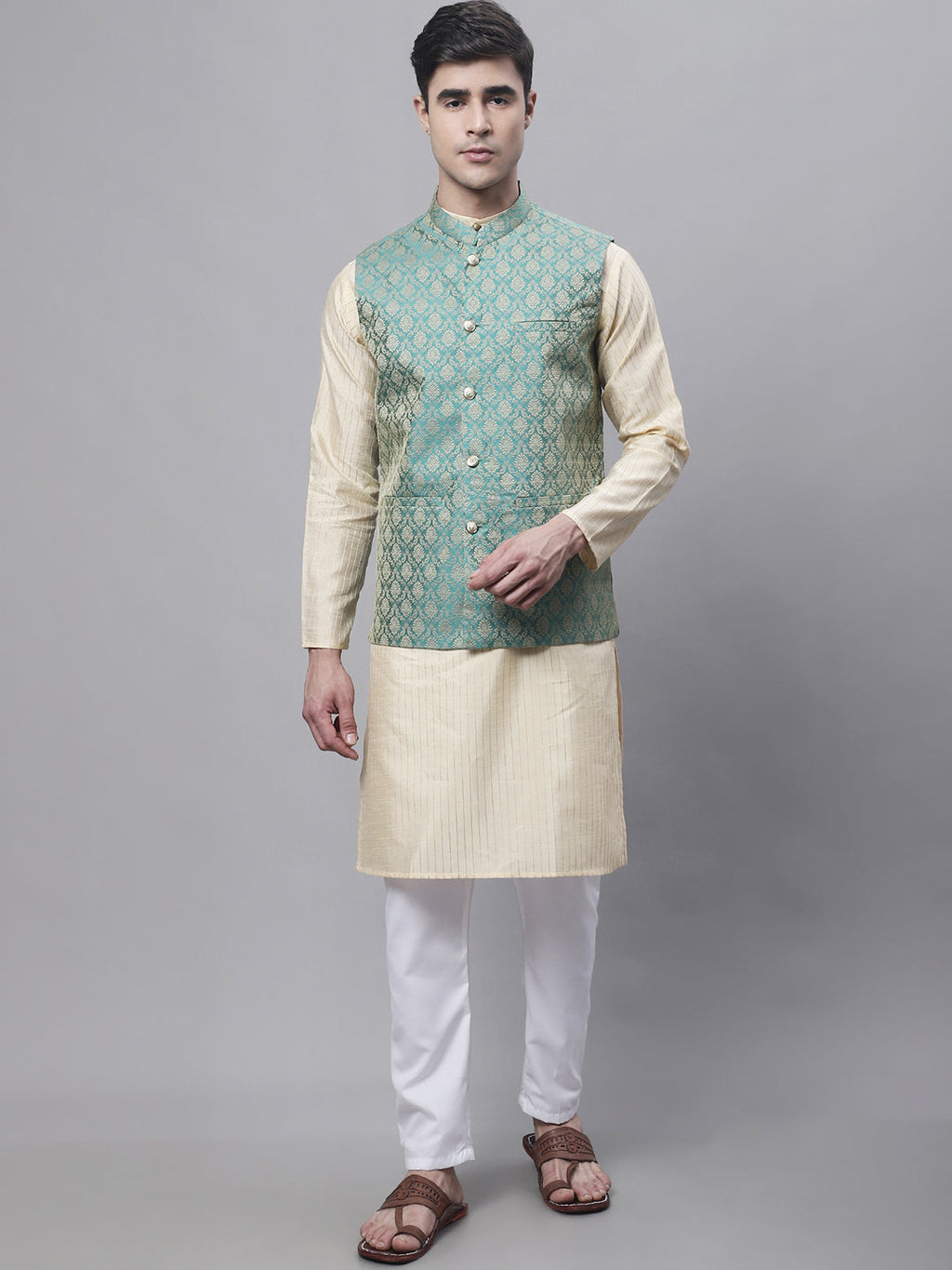 Jompers Men's Beige Embroidered Kurta Pyjama With Green Woven Design Nehru Jacket | Grocsy