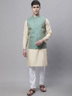Jompers Men's Beige Embroidered Kurta Pyjama With Green Woven Design Nehru Jacket | Grocsy