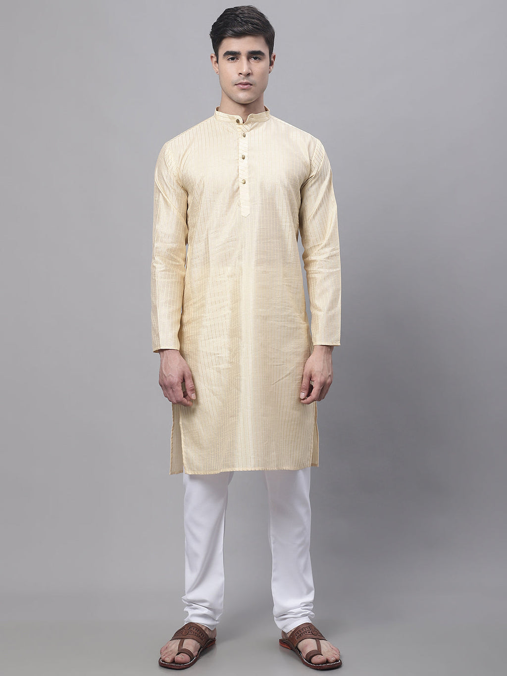 Jompers Men's Beige Embroidered Kurta Pyjama With Green Woven Design Nehru Jacket | Grocsy