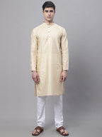 Jompers Men's Beige Embroidered Kurta Pyjama With Green Woven Design Nehru Jacket | Grocsy