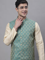 Jompers Men's Beige Embroidered Kurta Pyjama With Green Woven Design Nehru Jacket | Grocsy