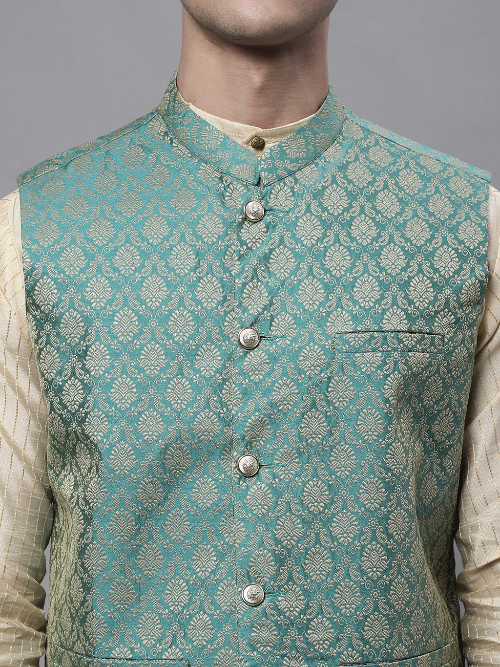 Jompers Men's Beige Embroidered Kurta Pyjama With Green Woven Design Nehru Jacket | Grocsy