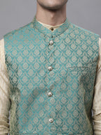 Jompers Men's Beige Embroidered Kurta Pyjama With Green Woven Design Nehru Jacket | Grocsy