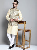 Jompers Men's Beige Embroidered Kurta Pyjama With Woven Design Nehru Jacket | Grocsy