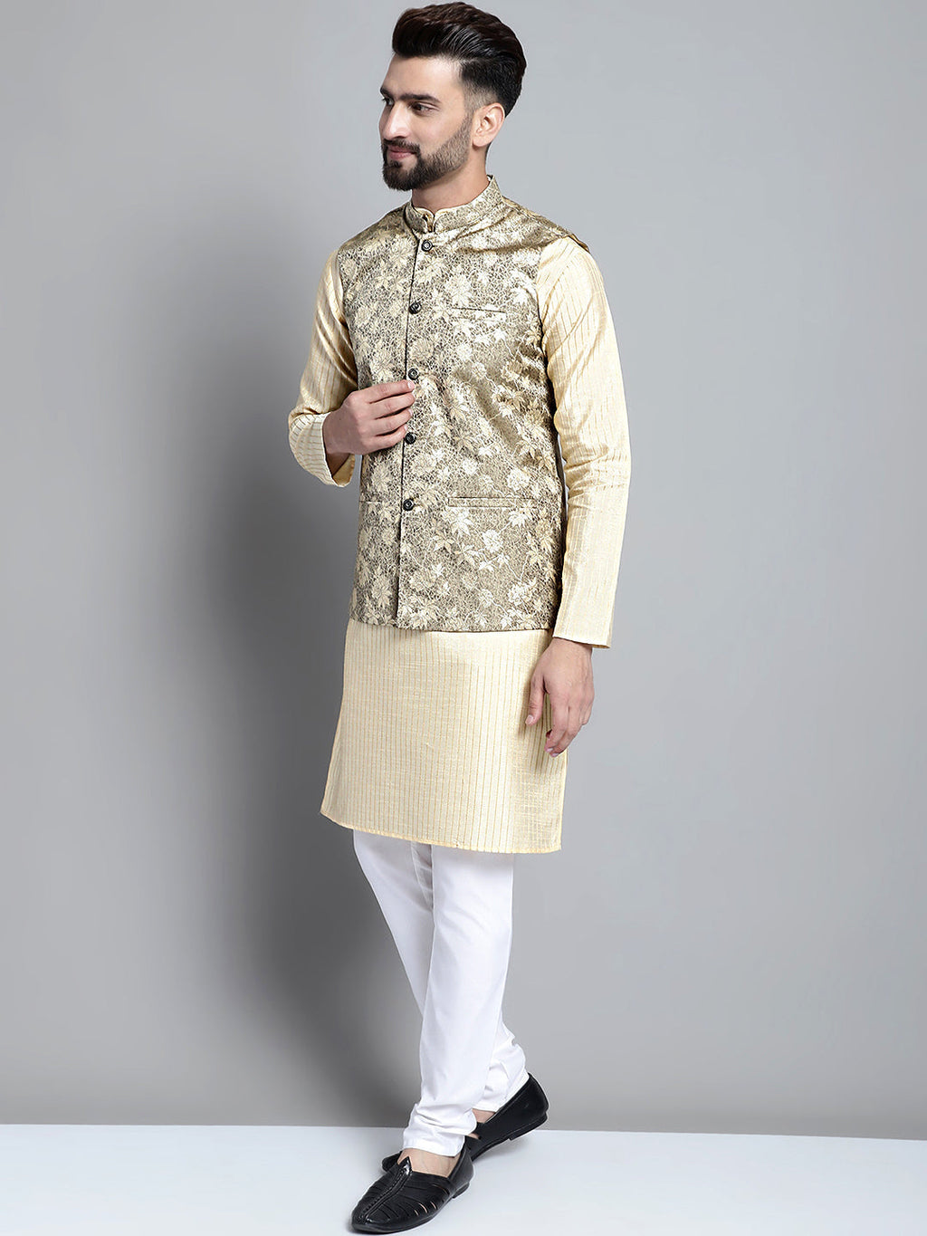 Jompers Men's Beige Embroidered Kurta Pyjama With Woven Design Nehru Jacket | Grocsy