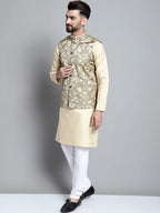 Jompers Men's Beige Embroidered Kurta Pyjama With Woven Design Nehru Jacket | Grocsy