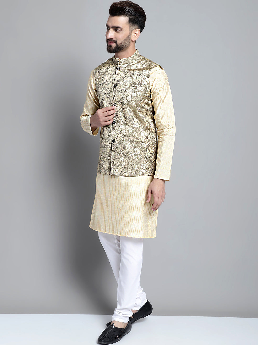 Jompers Men's Beige Embroidered Kurta Pyjama With Woven Design Nehru Jacket | Grocsy