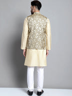 Jompers Men's Beige Embroidered Kurta Pyjama With Woven Design Nehru Jacket | Grocsy