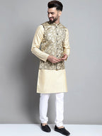 Jompers Men's Beige Embroidered Kurta Pyjama With Woven Design Nehru Jacket | Grocsy
