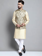 Jompers Men's Beige Embroidered Kurta Pyjama With Woven Design Nehru Jacket | Grocsy