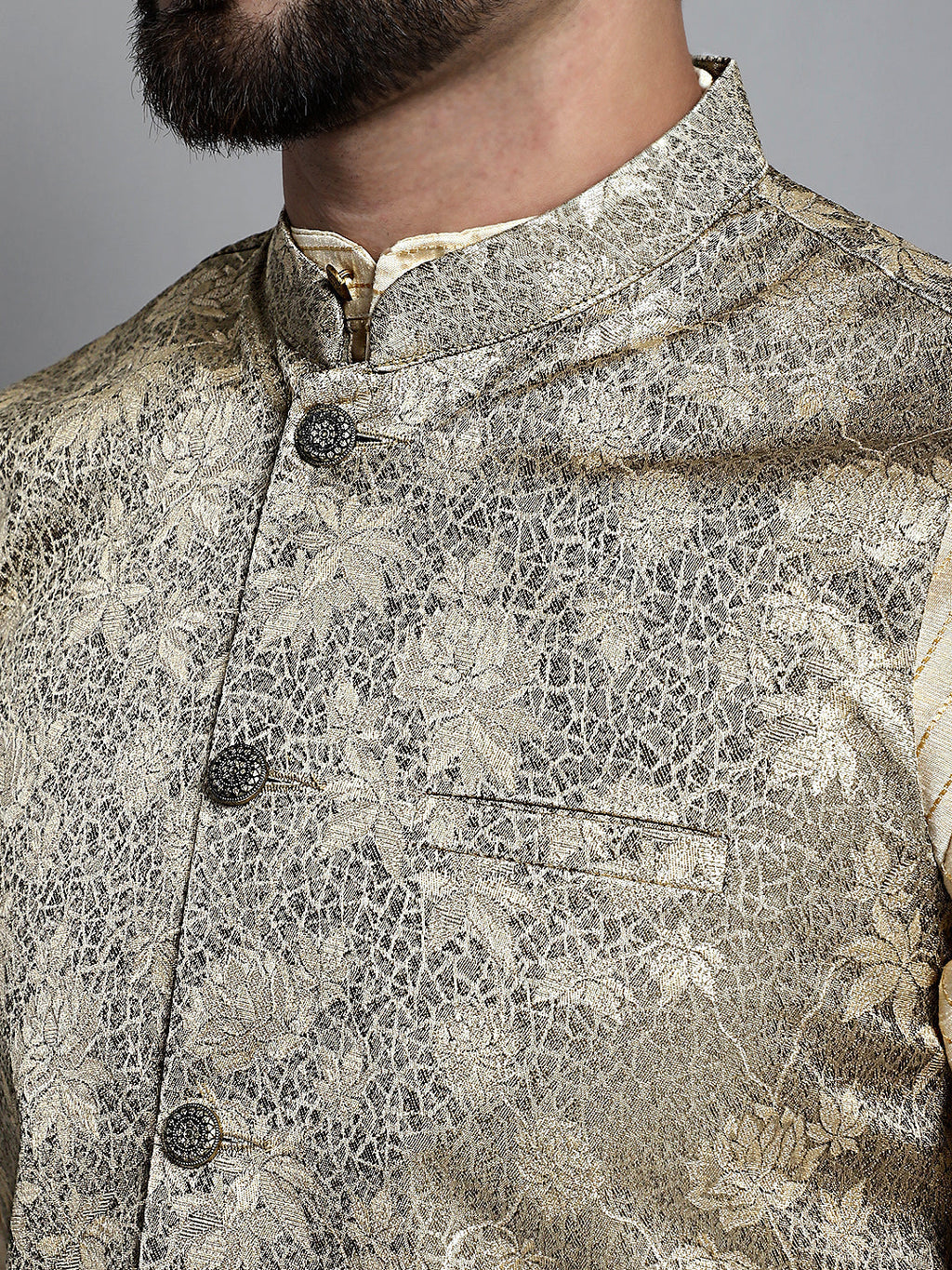 Jompers Men's Beige Embroidered Kurta Pyjama With Woven Design Nehru Jacket | Grocsy
