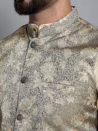 Jompers Men's Beige Embroidered Kurta Pyjama With Woven Design Nehru Jacket | Grocsy