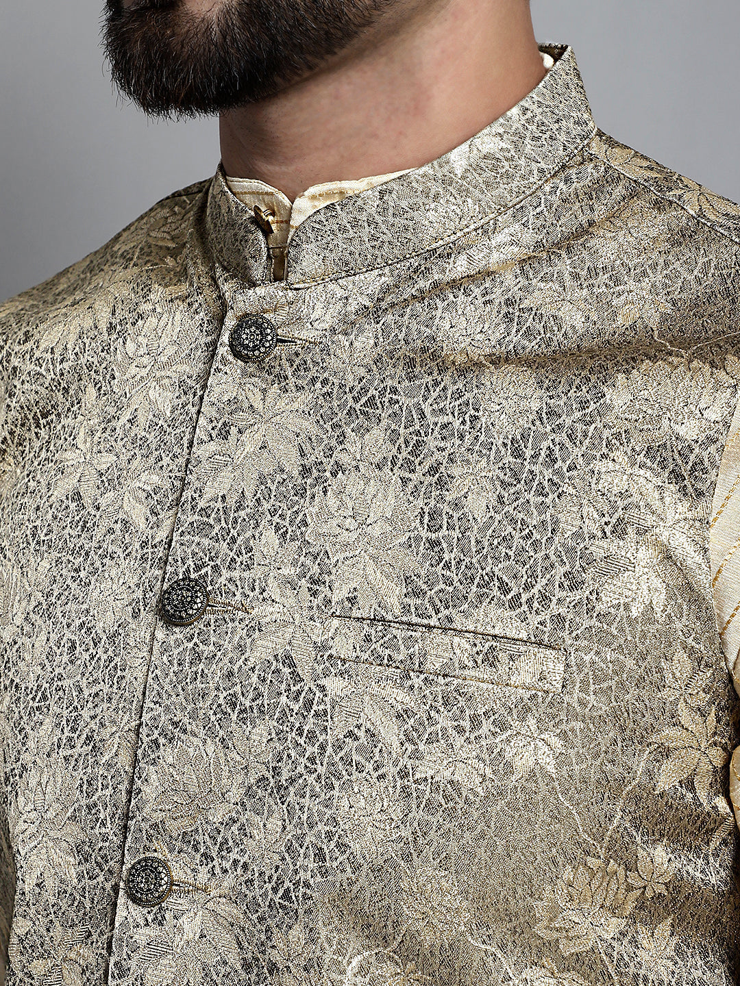 Jompers Men's Beige Embroidered Kurta Pyjama With Woven Design Nehru Jacket | Grocsy