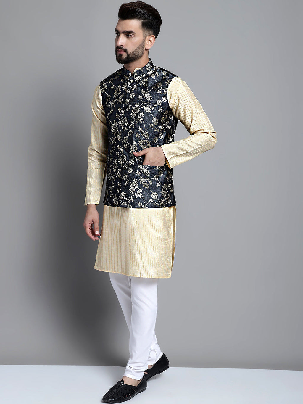 Jompers Men's Beige Embroidered Kurta Pyjama With Woven Design Nehru Jacket | Grocsy