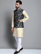 Jompers Men's Beige Embroidered Kurta Pyjama With Woven Design Nehru Jacket | Grocsy