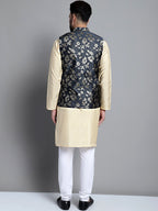Jompers Men's Beige Embroidered Kurta Pyjama With Woven Design Nehru Jacket | Grocsy