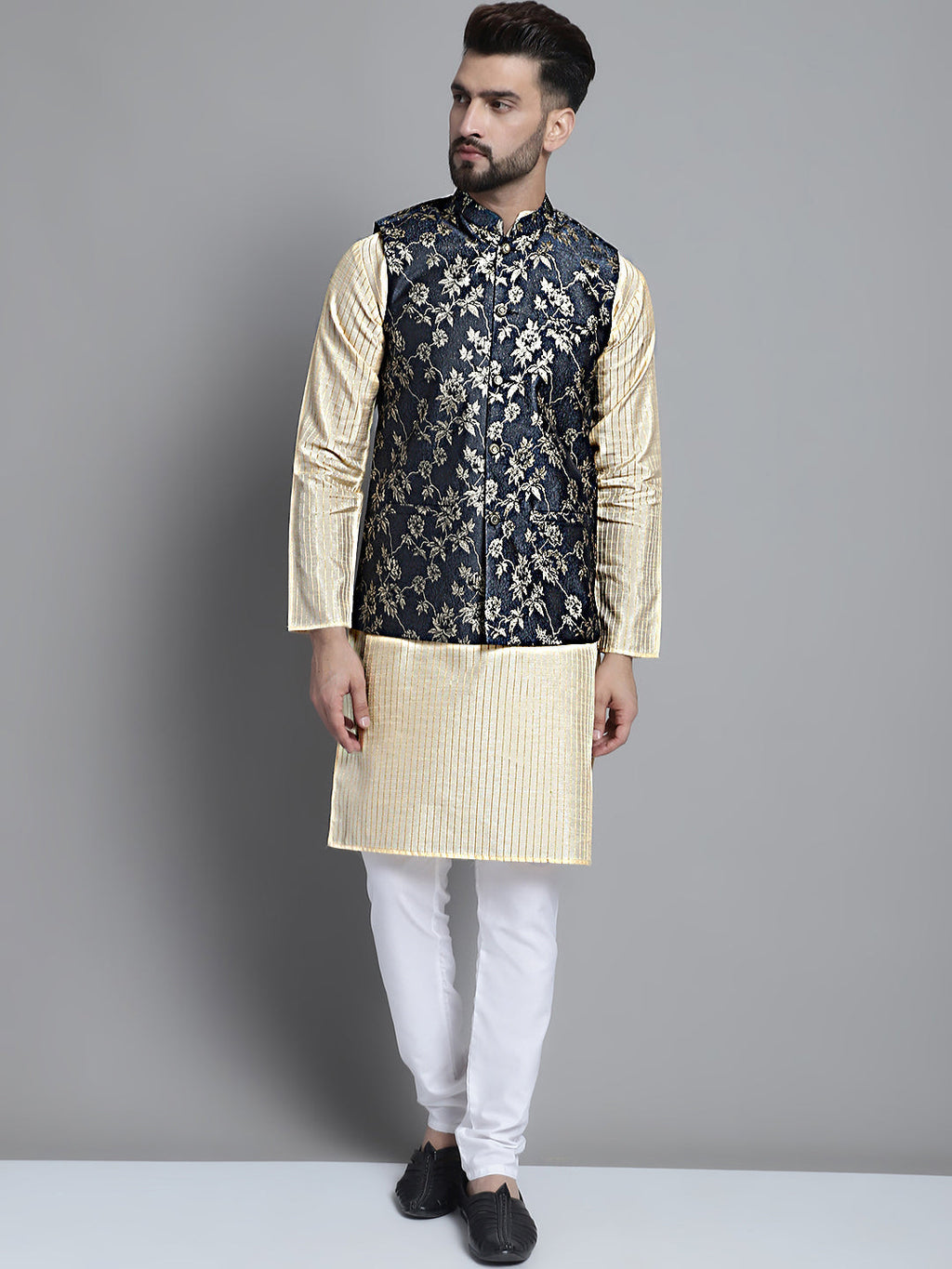 Jompers Men's Beige Embroidered Kurta Pyjama With Woven Design Nehru Jacket | Grocsy