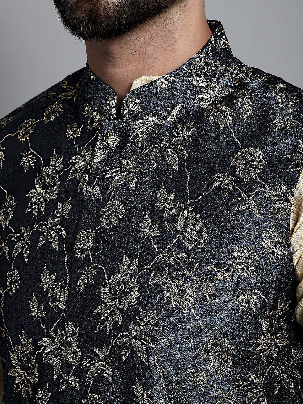 Jompers Men's Beige Embroidered Kurta Pyjama With Woven Design Nehru Jacket | Grocsy