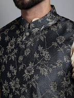 Jompers Men's Beige Embroidered Kurta Pyjama With Woven Design Nehru Jacket | Grocsy