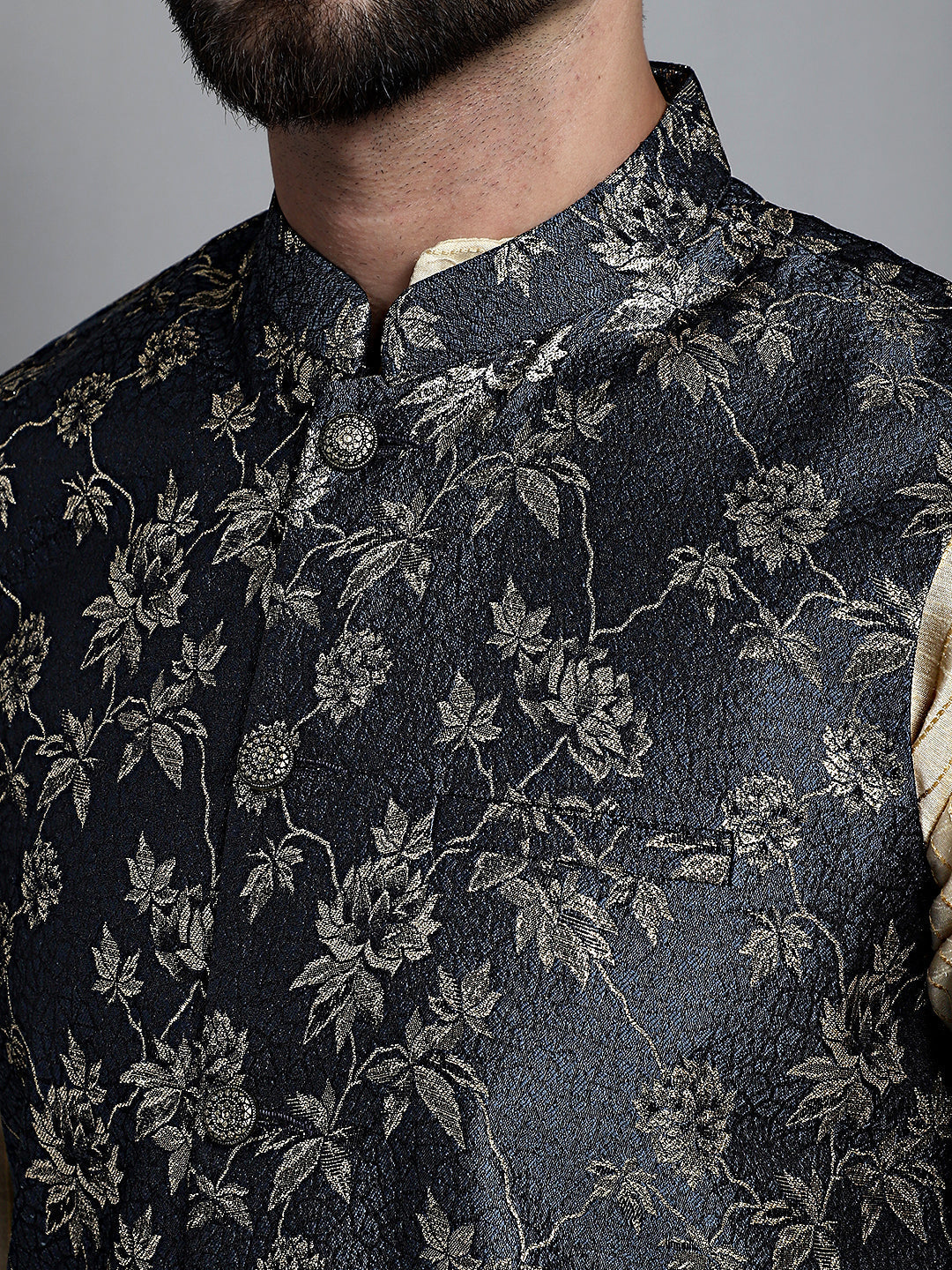 Jompers Men's Beige Embroidered Kurta Pyjama With Woven Design Nehru Jacket | Grocsy