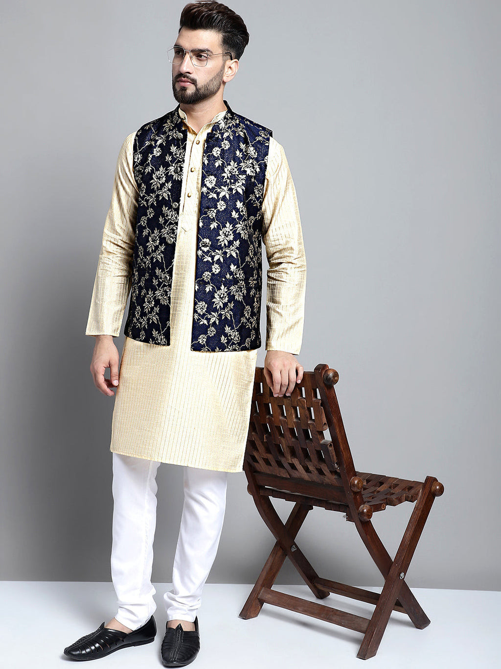 Jompers Men's Beige Embroidered Kurta Pyjama With Woven Design Nehru Jacket | Grocsy