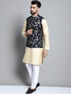 Jompers Men's Beige Embroidered Kurta Pyjama With Woven Design Nehru Jacket | Grocsy