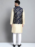 Jompers Men's Beige Embroidered Kurta Pyjama With Woven Design Nehru Jacket | Grocsy