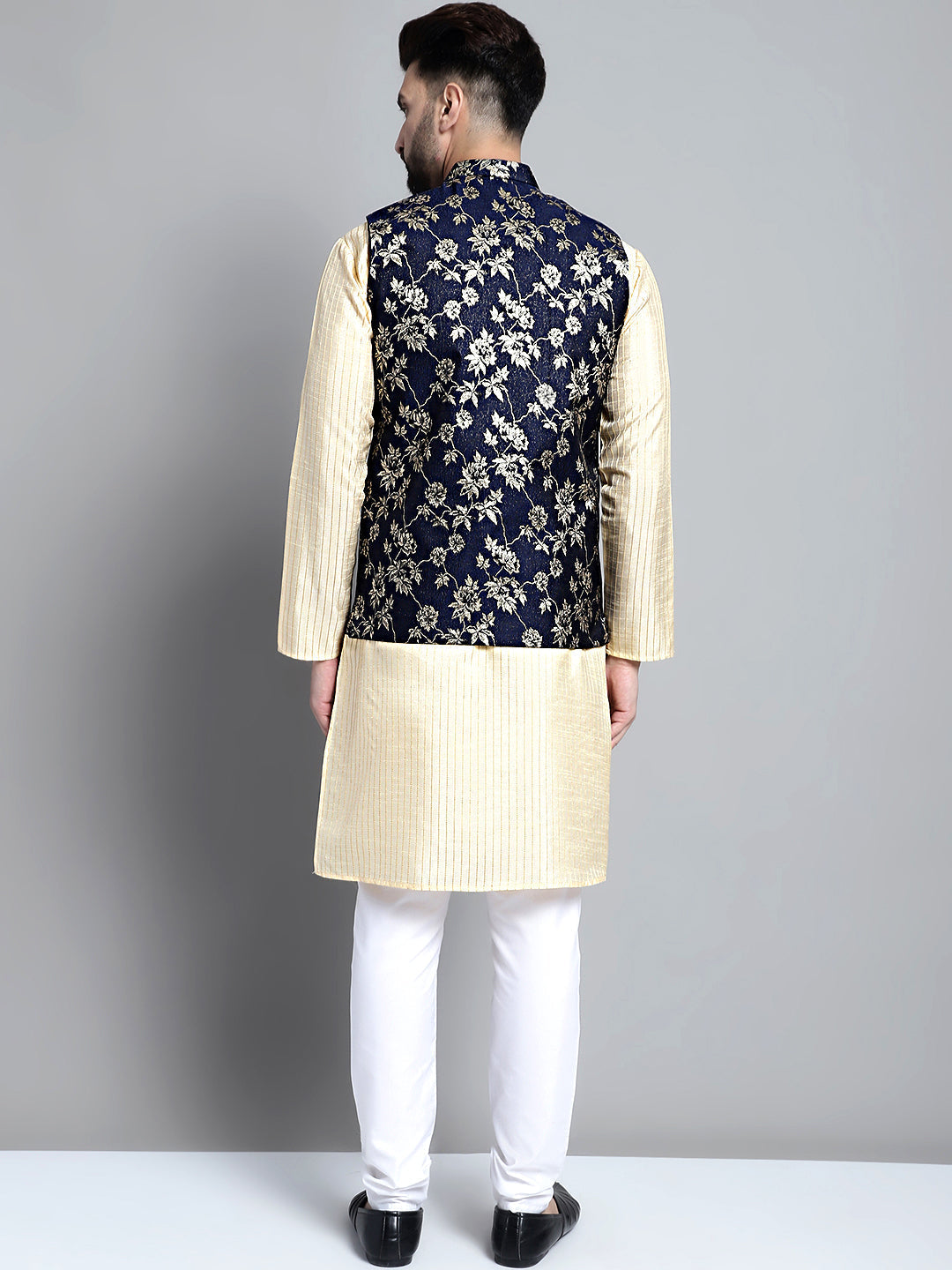 Jompers Men's Beige Embroidered Kurta Pyjama With Woven Design Nehru Jacket | Grocsy