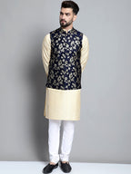 Jompers Men's Beige Embroidered Kurta Pyjama With Woven Design Nehru Jacket | Grocsy
