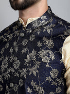 Jompers Men's Beige Embroidered Kurta Pyjama With Woven Design Nehru Jacket | Grocsy