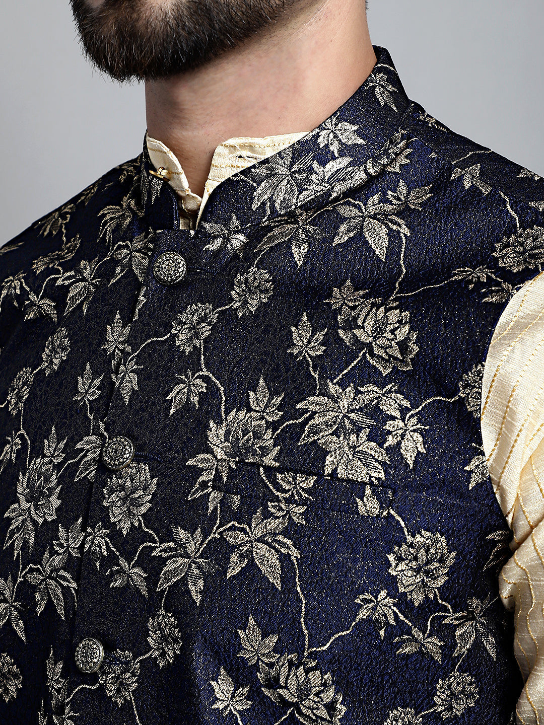 Jompers Men's Beige Embroidered Kurta Pyjama With Woven Design Nehru Jacket | Grocsy