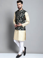 Jompers Men's Beige Embroidered Kurta Pyjama With Woven Design Nehru Jacket | Grocsy