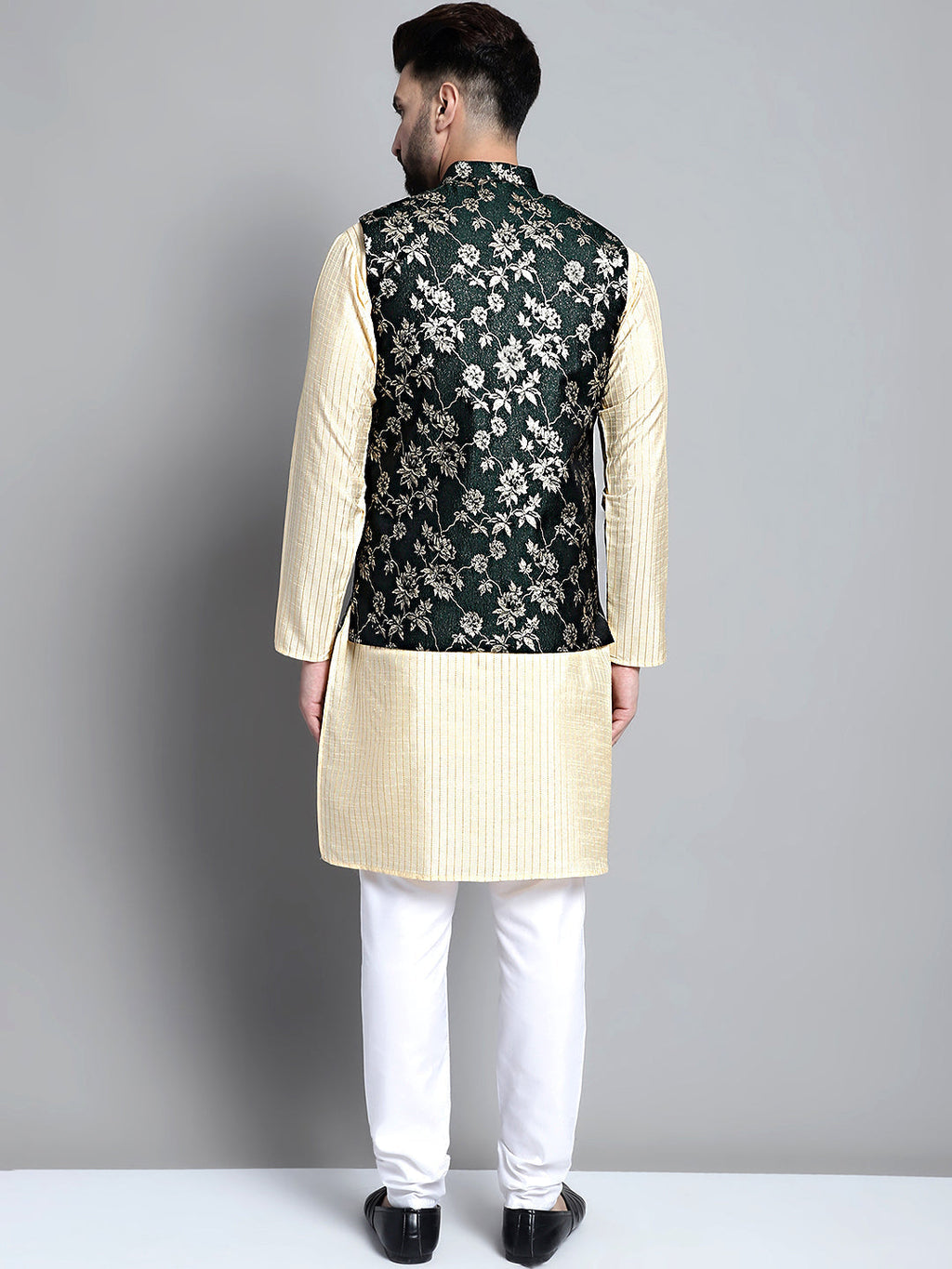 Jompers Men's Beige Embroidered Kurta Pyjama With Woven Design Nehru Jacket | Grocsy
