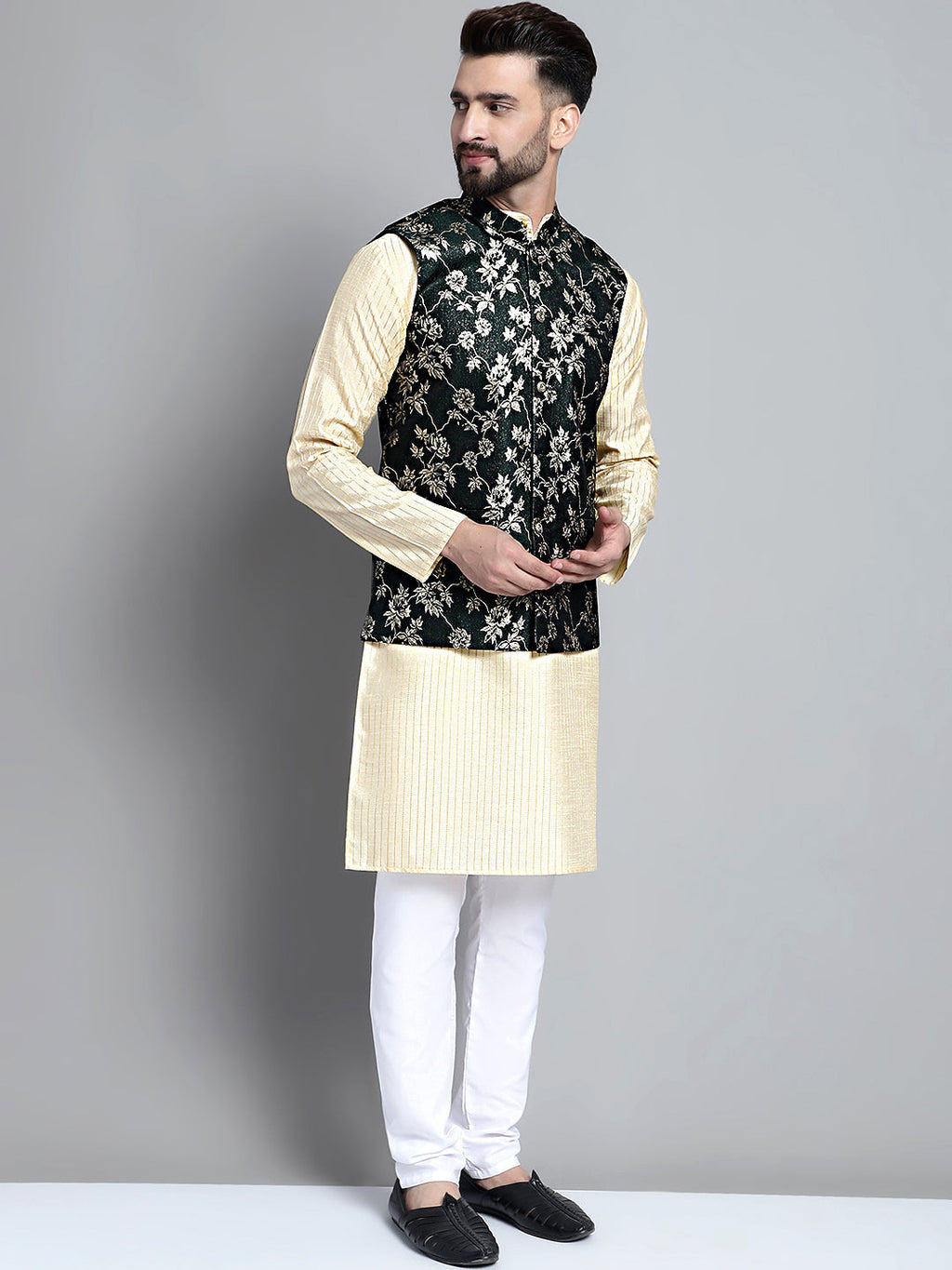 Jompers Men's Beige Embroidered Kurta Pyjama With Woven Design Nehru Jacket | Grocsy