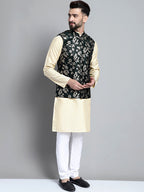 Jompers Men's Beige Embroidered Kurta Pyjama With Woven Design Nehru Jacket | Grocsy