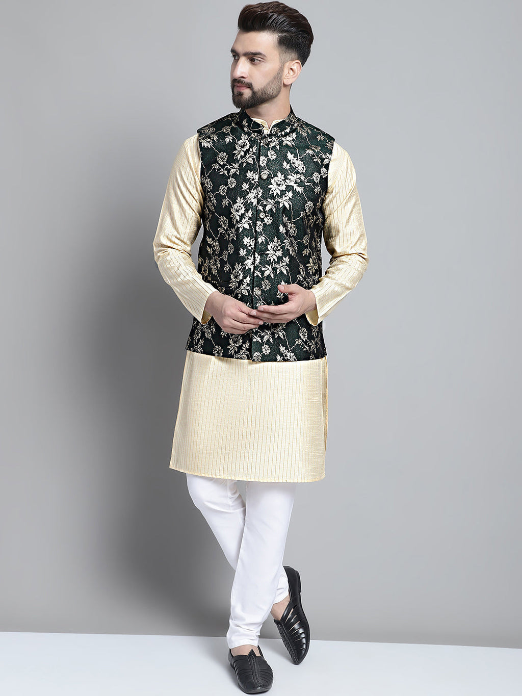 Jompers Men's Beige Embroidered Kurta Pyjama With Woven Design Nehru Jacket | Grocsy