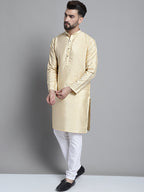 Jompers Men's Beige Embroidered Kurta Pyjama With Woven Design Nehru Jacket | Grocsy