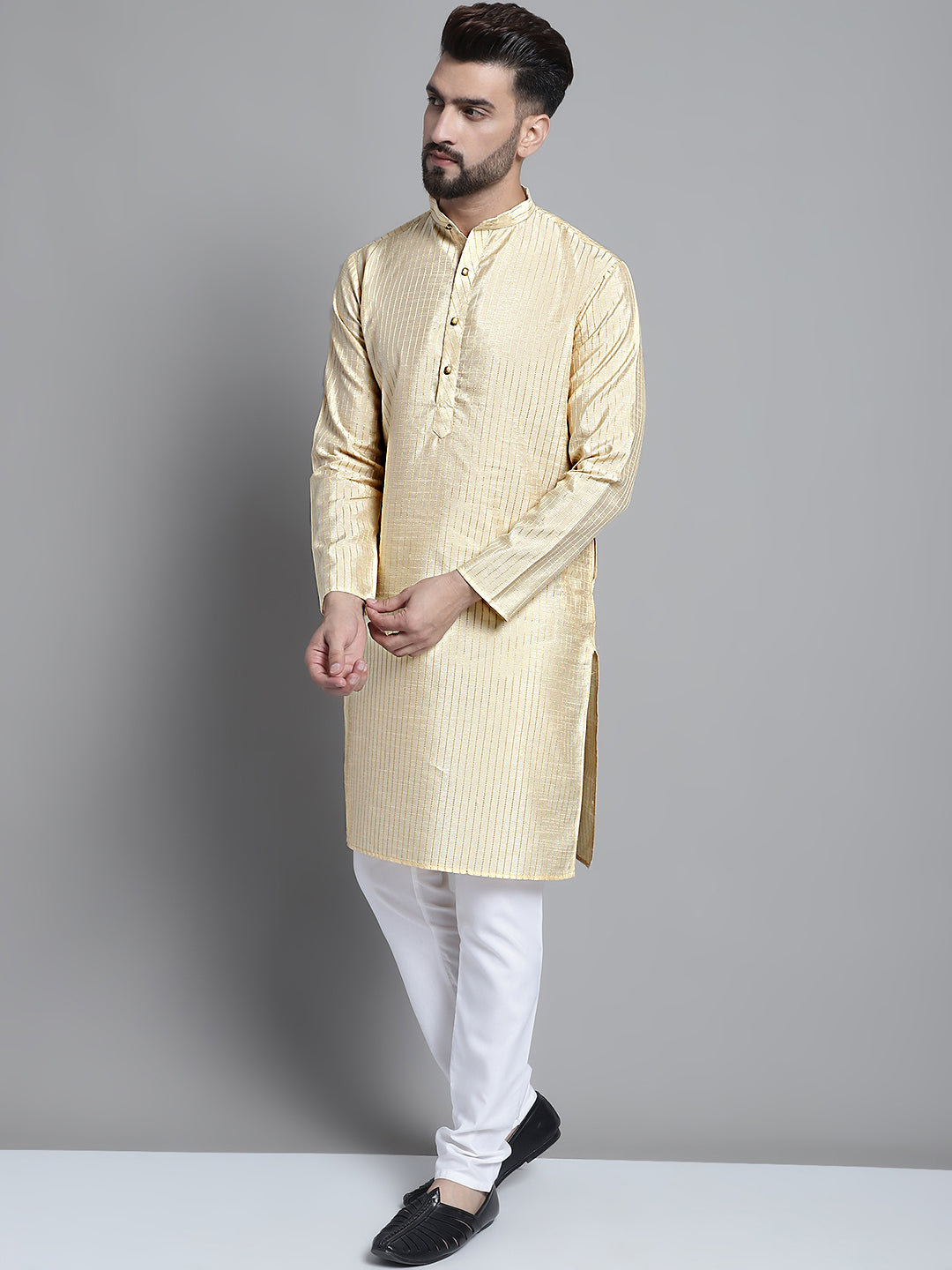 Jompers Men's Beige Embroidered Kurta Pyjama With Woven Design Nehru Jacket | Grocsy