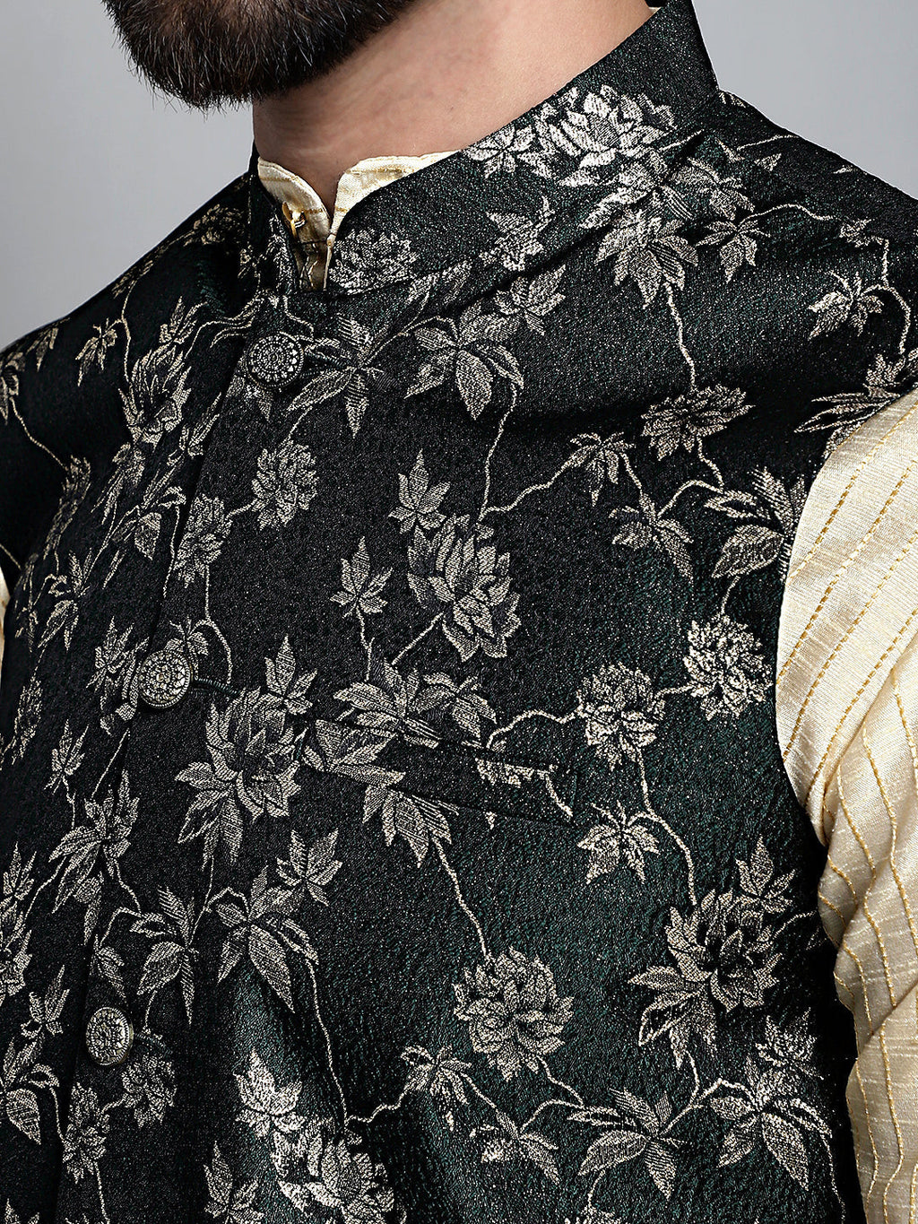 Jompers Men's Beige Embroidered Kurta Pyjama With Woven Design Nehru Jacket | Grocsy