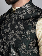 Jompers Men's Beige Embroidered Kurta Pyjama With Woven Design Nehru Jacket | Grocsy