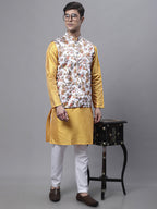Jompers Men's Mustard Embroidered Kurta Pyjama With Wihte Printed Nehru Jacket | Grocsy