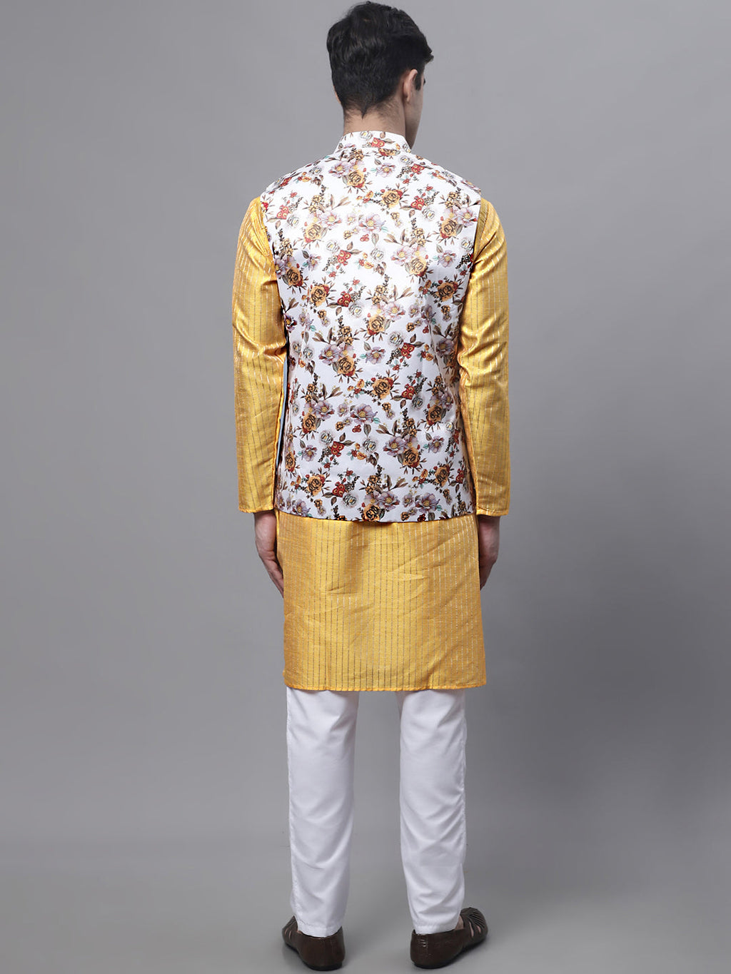 Jompers Men's Mustard Embroidered Kurta Pyjama With Wihte Printed Nehru Jacket | Grocsy