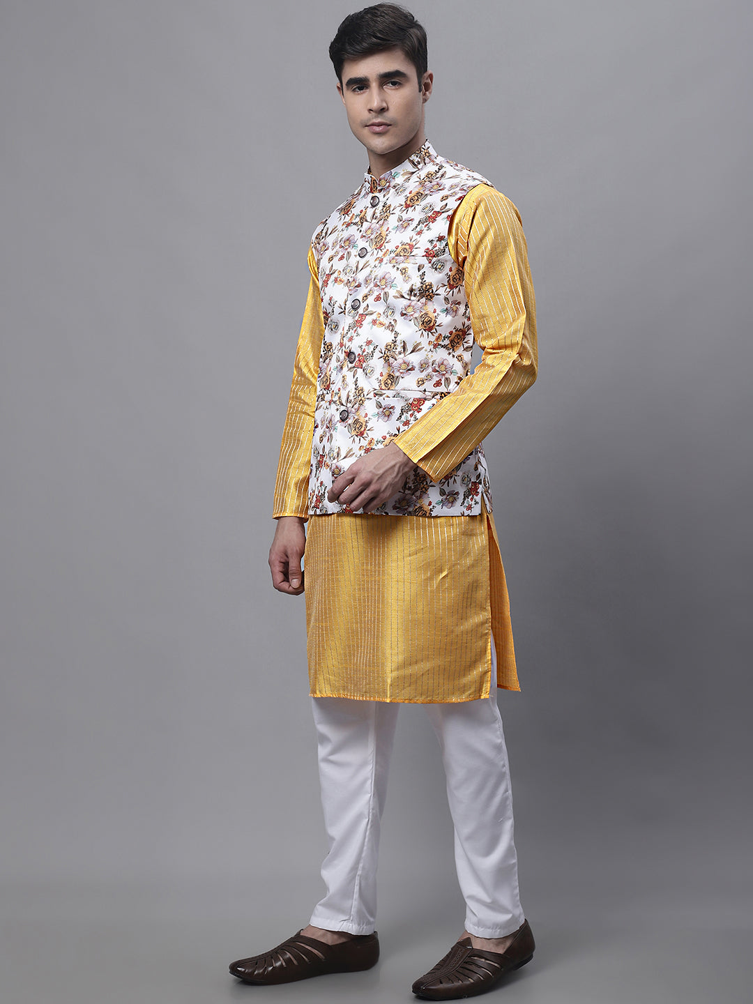 Jompers Men's Mustard Embroidered Kurta Pyjama With Wihte Printed Nehru Jacket | Grocsy