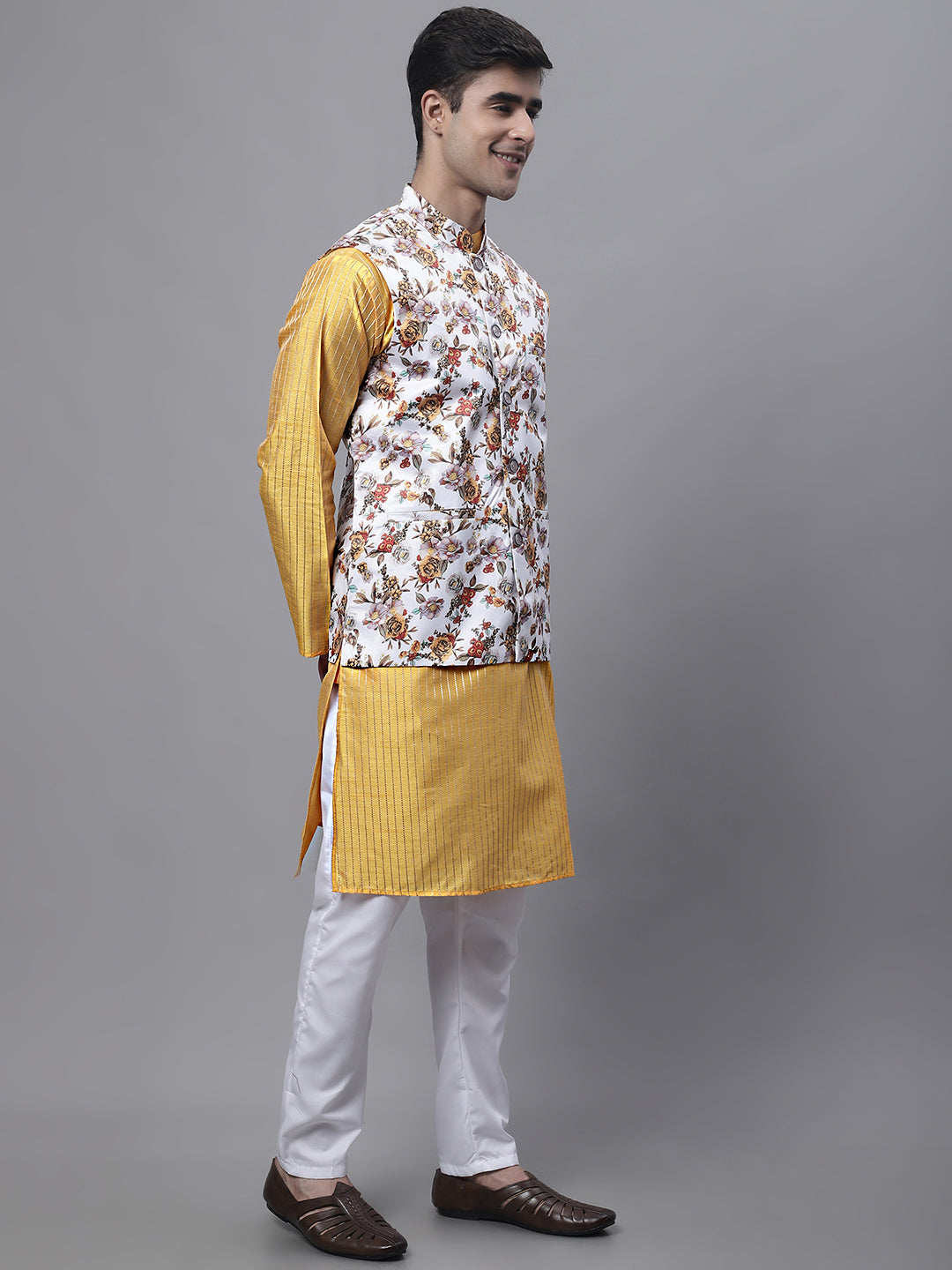 Jompers Men's Mustard Embroidered Kurta Pyjama With Wihte Printed Nehru Jacket | Grocsy