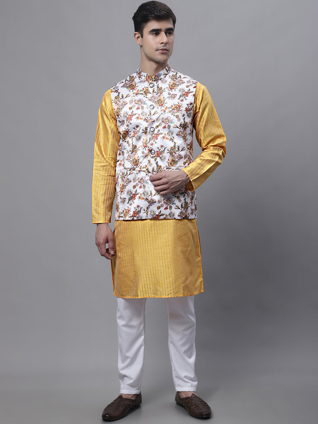 Jompers Men's Mustard Embroidered Kurta Pyjama With Wihte Printed Nehru Jacket | Grocsy