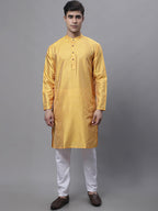 Jompers Men's Mustard Embroidered Kurta Pyjama With Wihte Printed Nehru Jacket | Grocsy