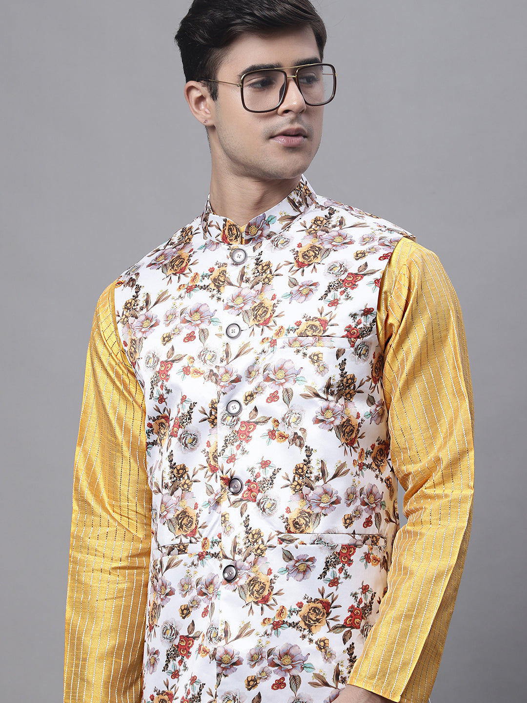Jompers Men's Mustard Embroidered Kurta Pyjama With Wihte Printed Nehru Jacket | Grocsy